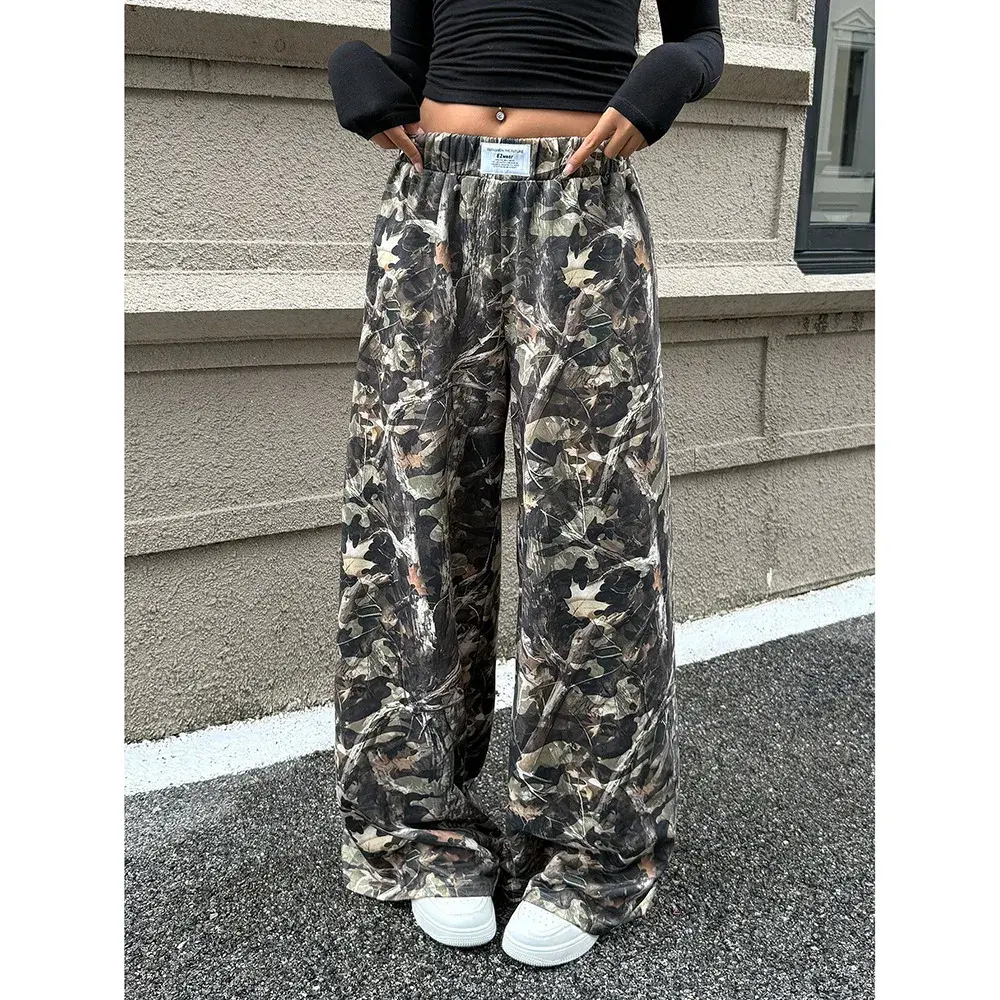 Women's Workwear Casual Pants Loose Straight Wide Leg Long Trousers with Big Pockets Branch Pattern Design New 2025