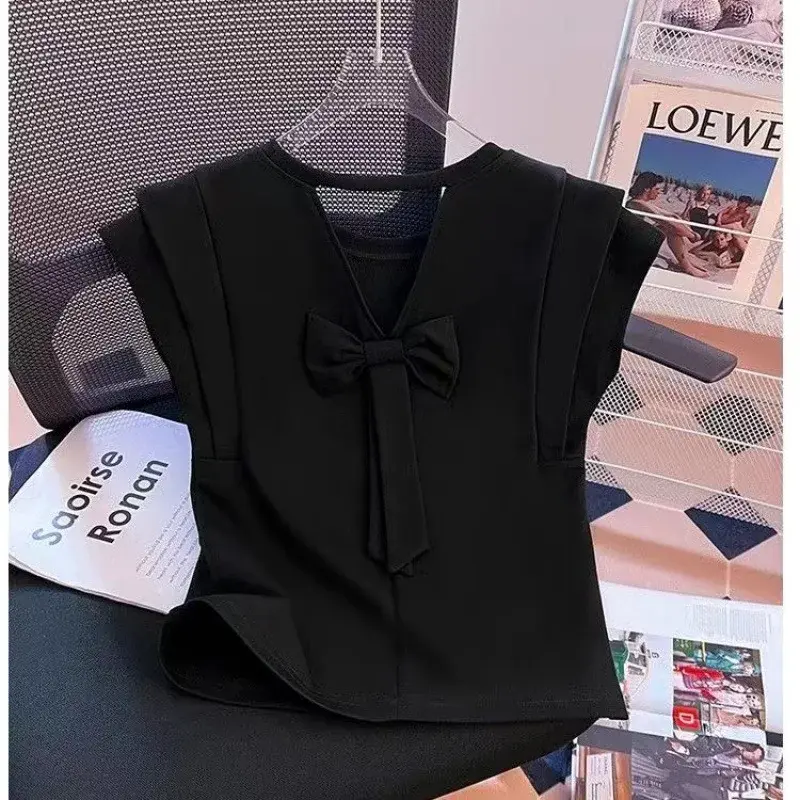 French Sweet Fly Sleeve T-shirt Women's Summer New Hollow Back Butterfly Knot Elegant Small Top Crew Neck Short Sleeve