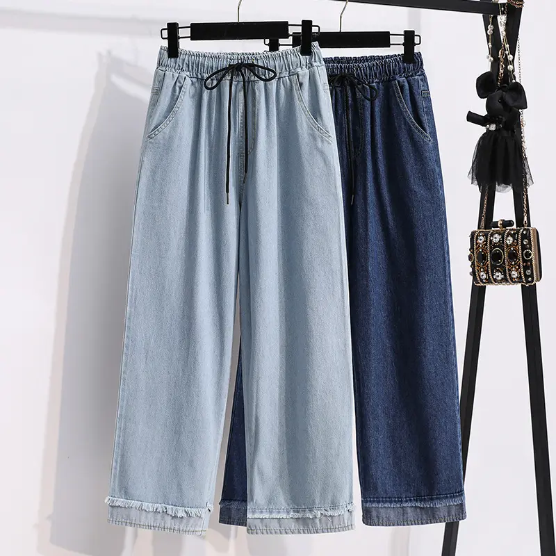 High Waist Wide Leg Long Pants Straight Cut Denim Tencel Floor Length Washed Autumn Spring Women's Jeans Casual Trousers