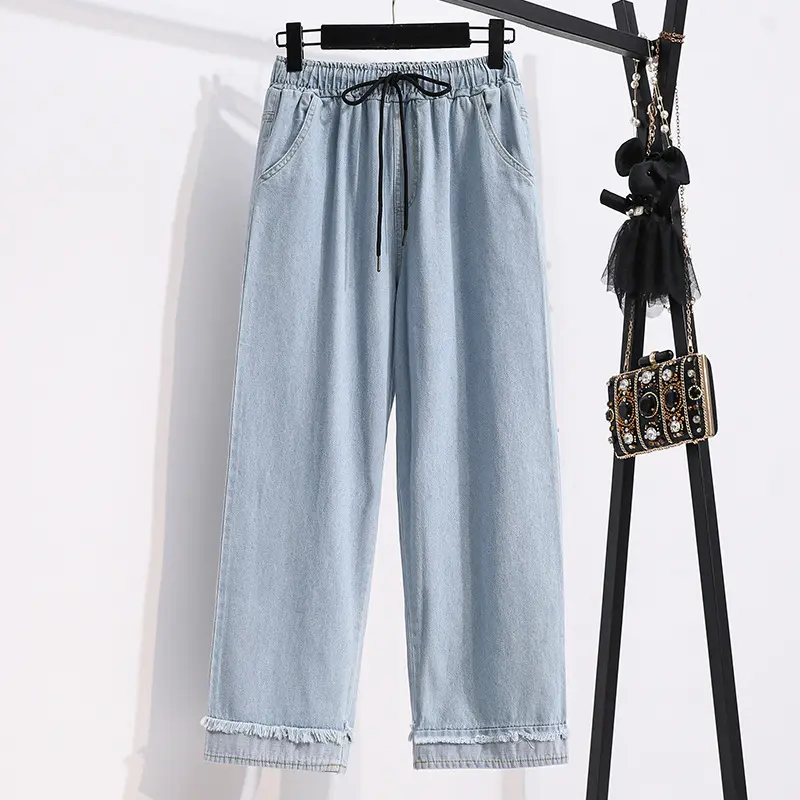 High Waist Wide Leg Long Pants Straight Cut Denim Tencel Floor Length Washed Autumn Spring Women's Jeans Casual Trousers
