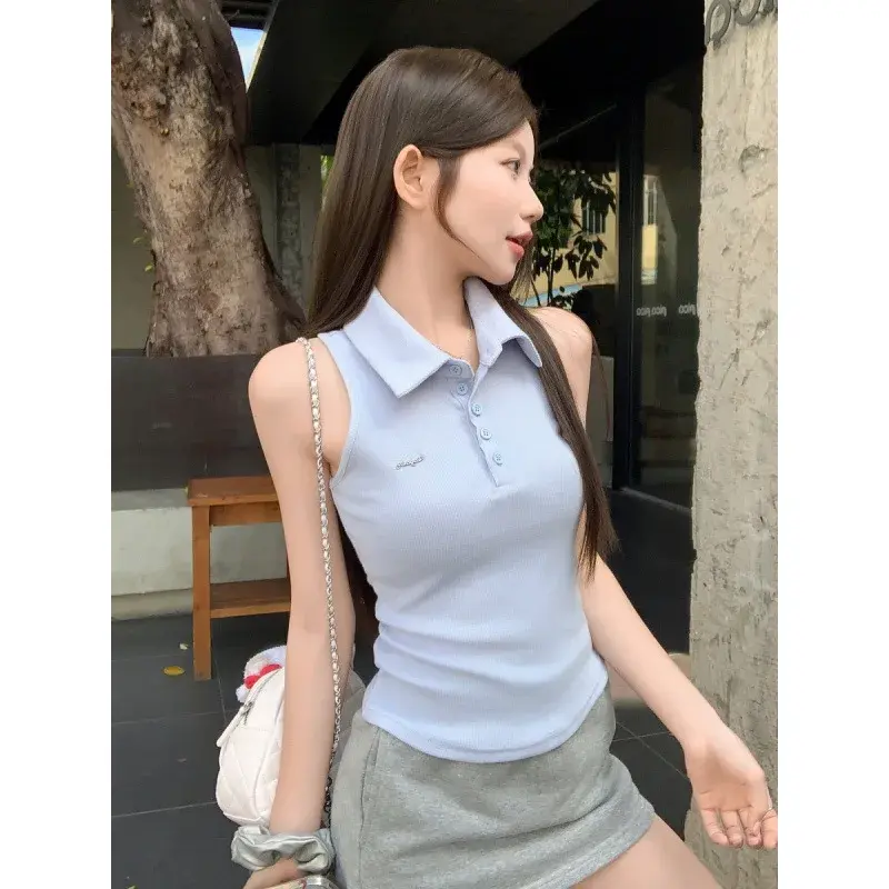 Pure Desirable Sweet Spicy Shoulder Bared Collared Sleeveless Vest Women's Fashion Slim Fit Summer New Style Hanging Neck Top