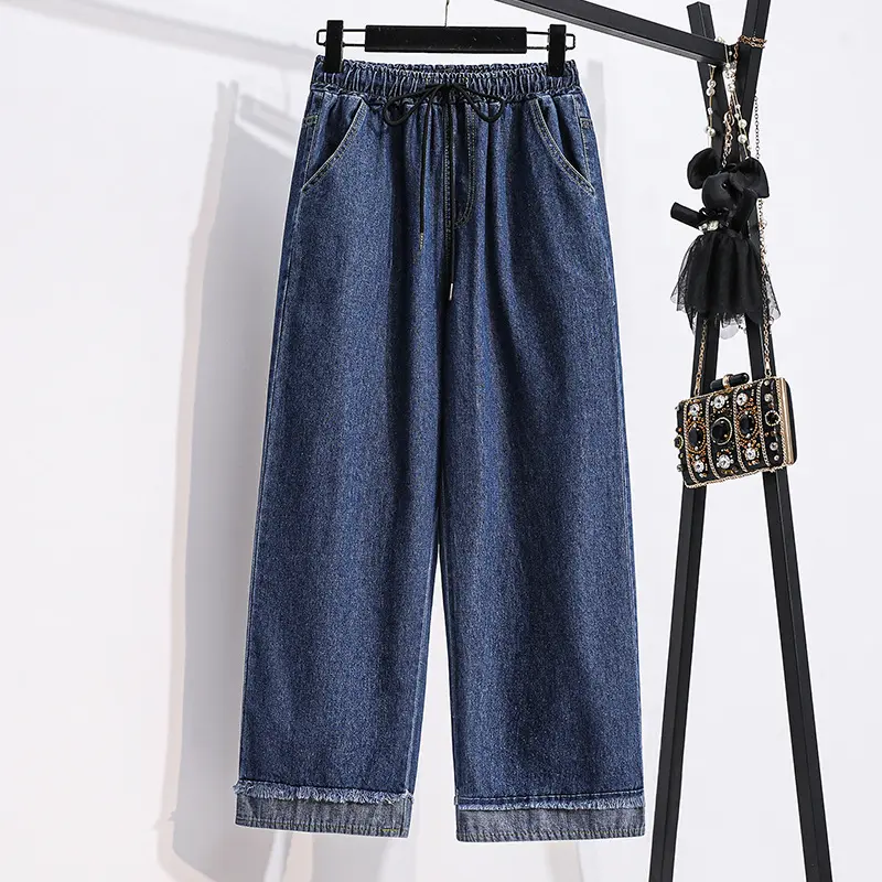 High Waist Wide Leg Long Pants Straight Cut Denim Tencel Floor Length Washed Autumn Spring Women's Jeans Casual Trousers