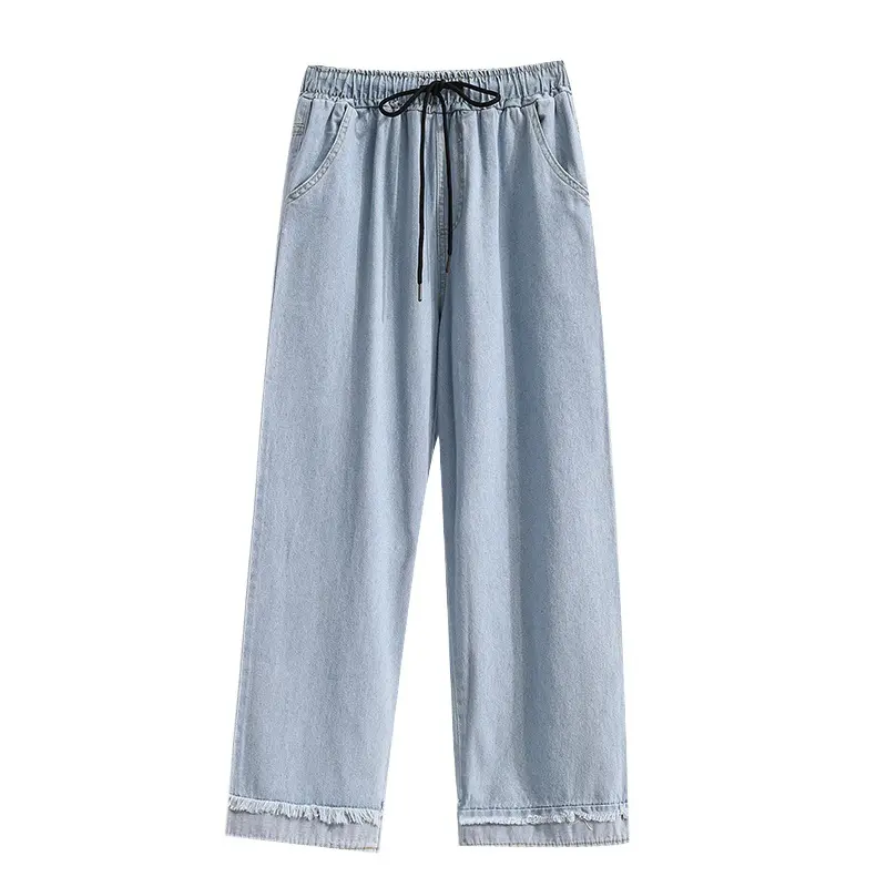 High Waist Wide Leg Long Pants Straight Cut Denim Tencel Floor Length Washed Autumn Spring Women's Jeans Casual Trousers
