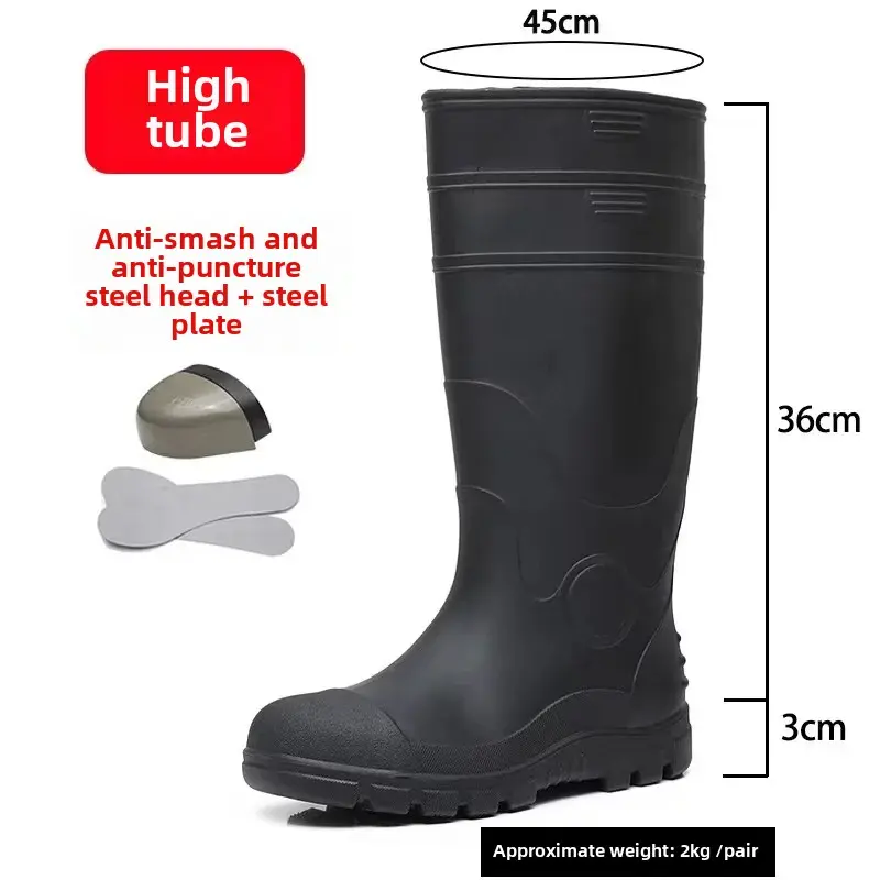 Labor Protection Rain Shoes Anti-smashing Anti-piercing Medium Boots Steel Toe Steel Plate Rain Non-slip Rubber Work Mining