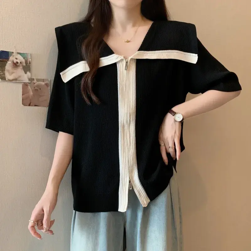 Plus Size Plus Size Ice Silk Short Sleeve Knitwear Loose Fit Slimming Top Double Zipper Design Big Collar Female Fashion Casu...