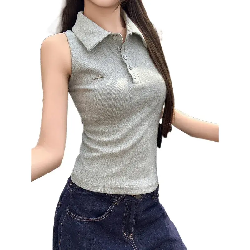 Pure Desirable Sweet Spicy Shoulder Bared Collared Sleeveless Vest Women's Fashion Slim Fit Summer New Style Hanging Neck Top