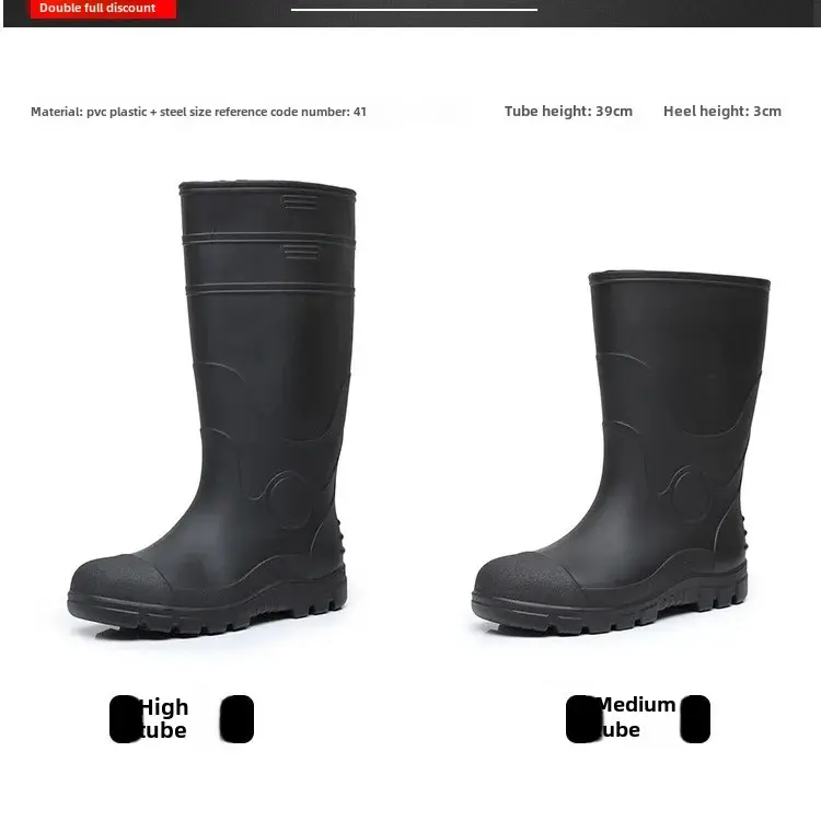 Labor Protection Rain Shoes Anti-smashing Anti-piercing Medium Boots Steel Toe Steel Plate Rain Non-slip Rubber Work Mining