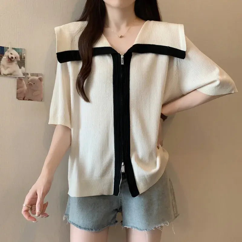 Plus Size Plus Size Ice Silk Short Sleeve Knitwear Loose Fit Slimming Top Double Zipper Design Big Collar Female Fashion Casu...