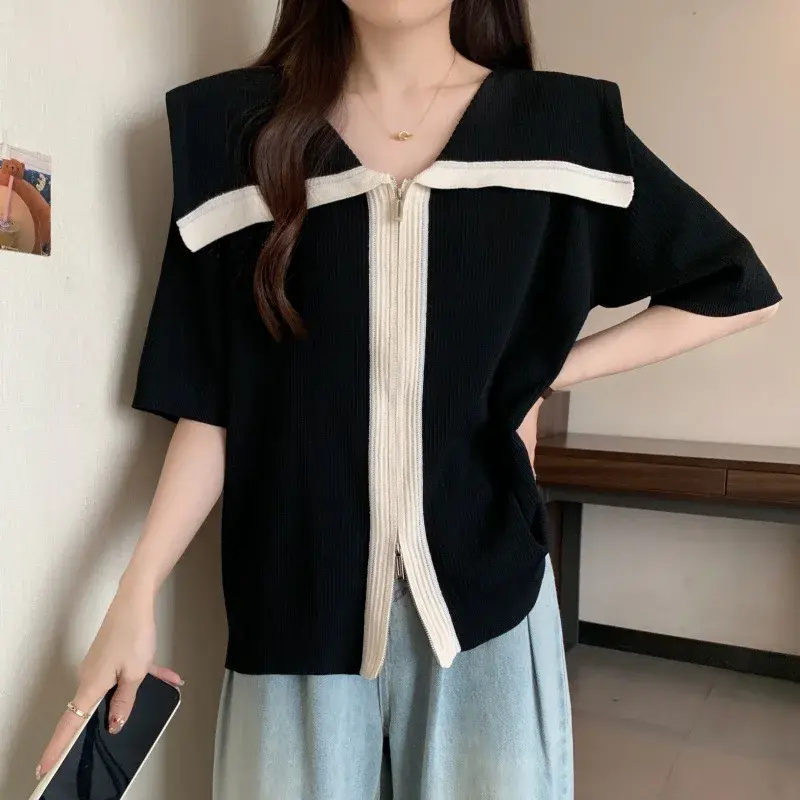 Plus Size Plus Size Ice Silk Short Sleeve Knitwear Loose Fit Slimming Top Double Zipper Design Big Collar Female Fashion Casu...