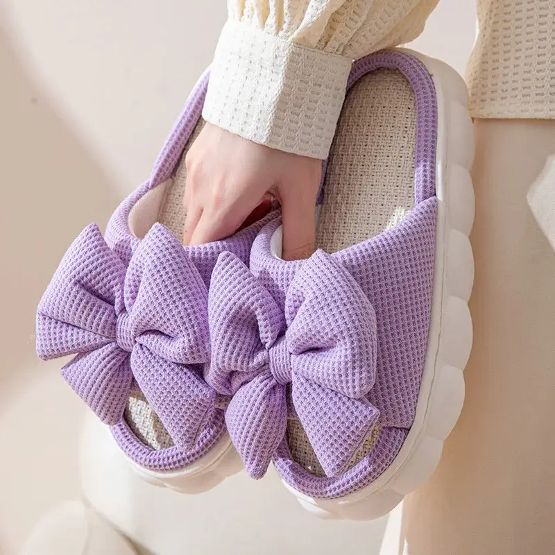 Thick Bottom Linen Slippers Women Indoor Home Summer Slip-On Shoes Pure Color Bow Tie Four Seasons Flats PVC Sole Winter