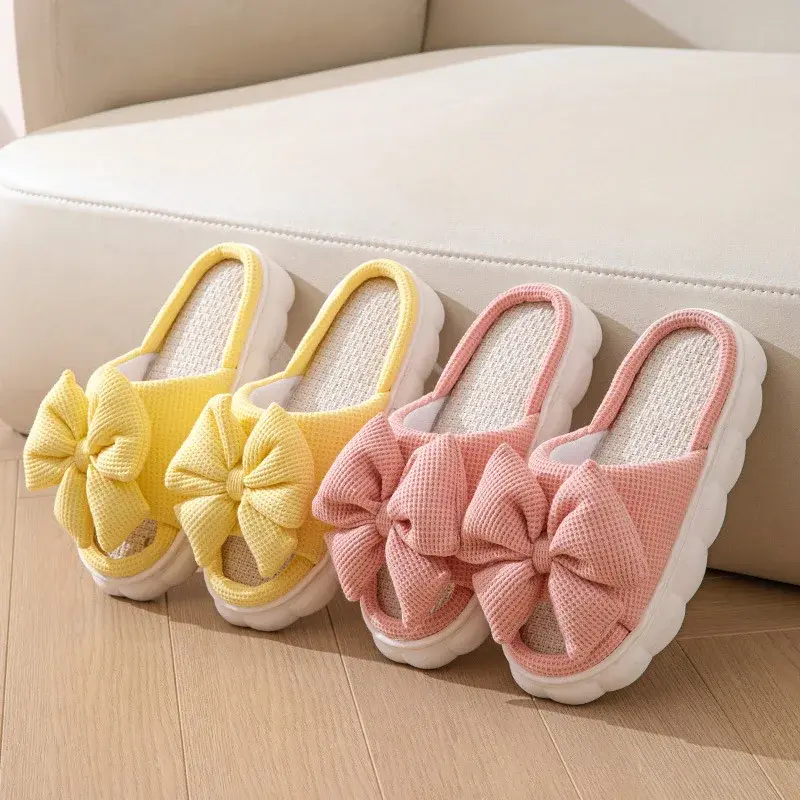 Thick Bottom Linen Slippers Women Indoor Home Summer Slip-On Shoes Pure Color Bow Tie Four Seasons Flats PVC Sole Winter