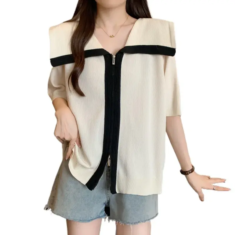Plus Size Plus Size Ice Silk Short Sleeve Knitwear Loose Fit Slimming Top Double Zipper Design Big Collar Female Fashion Casu...