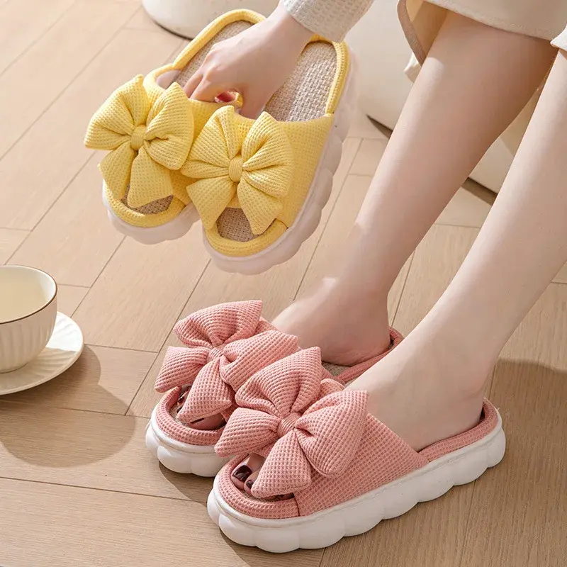 Thick Bottom Linen Slippers Women Indoor Home Summer Slip-On Shoes Pure Color Bow Tie Four Seasons Flats PVC Sole Winter