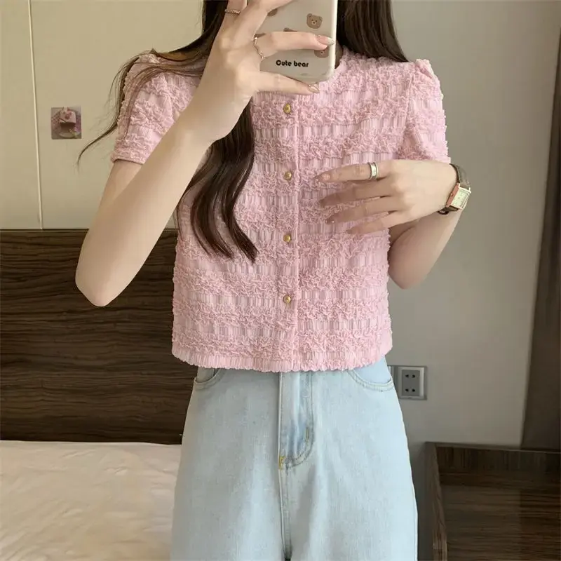 Slim Fit Short Sleeve Cardigan Women's Shirt Summer New Pure Color Short Length Button up Hong Kong Style Top Quality Fabric