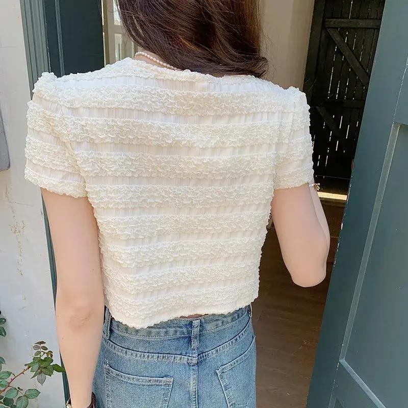 Slim Fit Short Sleeve Cardigan Women's Shirt Summer New Pure Color Short Length Button up Hong Kong Style Top Quality Fabric