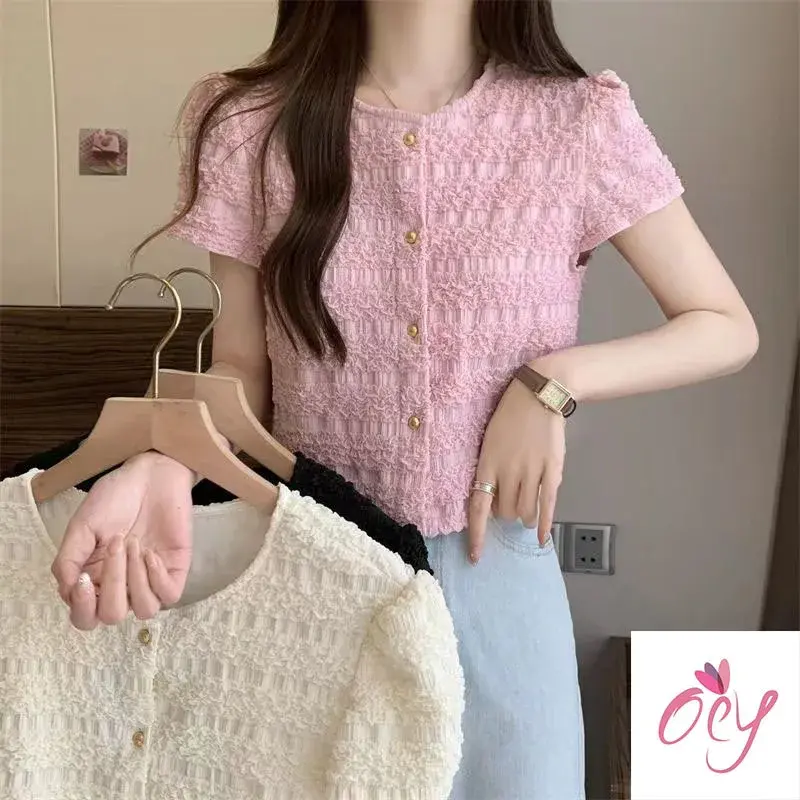 Slim Fit Short Sleeve Cardigan Women's Shirt Summer New Pure Color Short Length Button up Hong Kong Style Top Quality Fabric