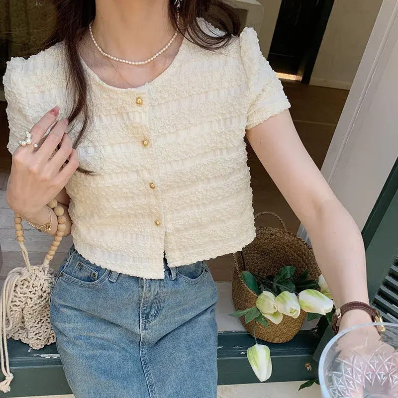 Slim Fit Short Sleeve Cardigan Women's Shirt Summer New Pure Color Short Length Button up Hong Kong Style Top Quality Fabric