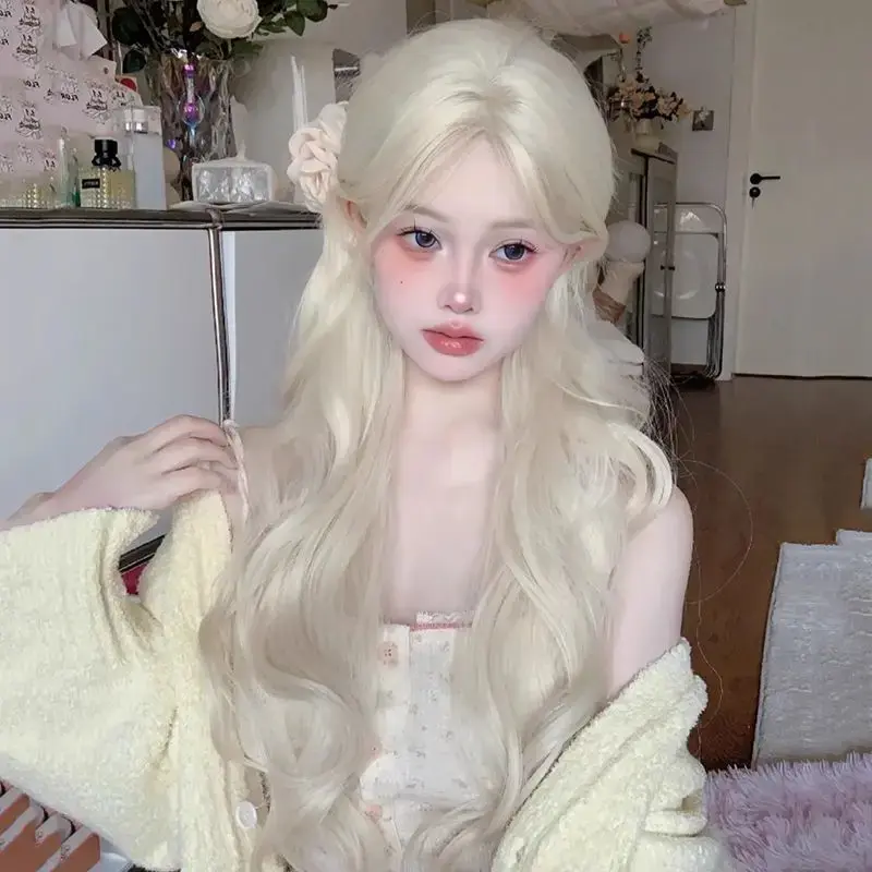Fashion Fairy Color Wig Long Curl Natural Sweet Front Lace Blonde Golden Big Wave Head Cover Internet Famous Wig