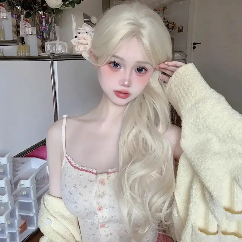 Fashion Fairy Color Wig Long Curl Natural Sweet Front Lace Blonde Golden Big Wave Head Cover Internet Famous Wig
