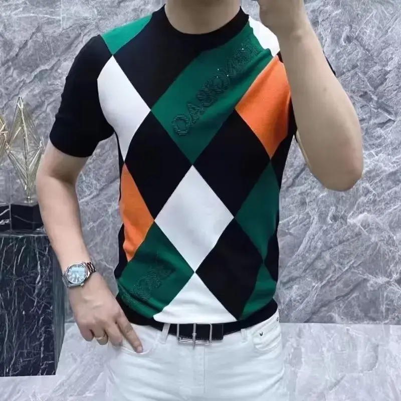 Trendy Men's Ice Silk Short Sleeve T-Shirt 2024 Spring Autumn New Style Versatile Square Half Sleeve Top Crew Neck Design