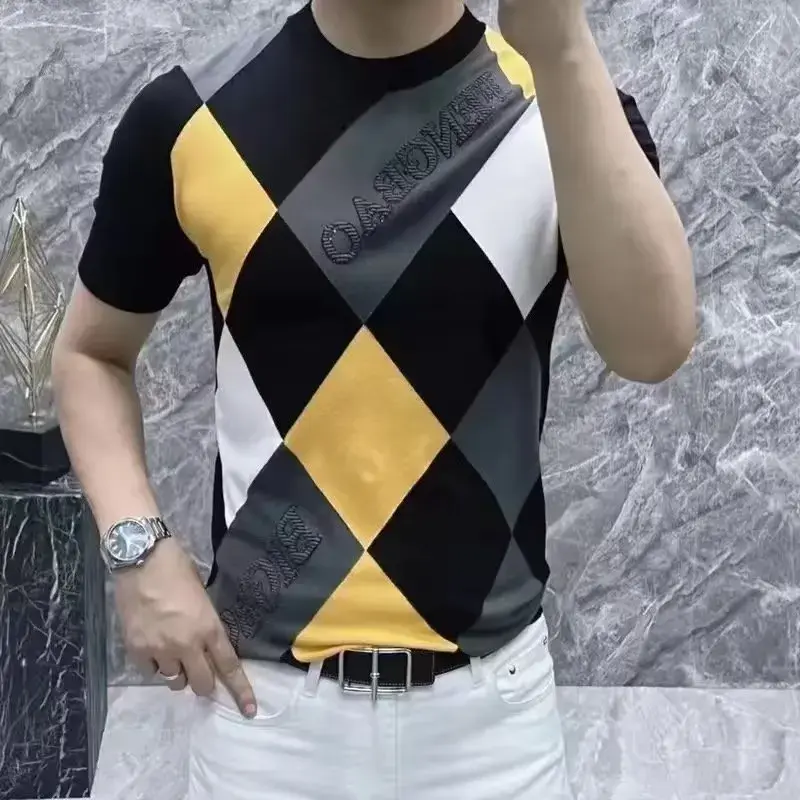 Trendy Men's Ice Silk Short Sleeve T-Shirt 2024 Spring Autumn New Style Versatile Square Half Sleeve Top Crew Neck Design
