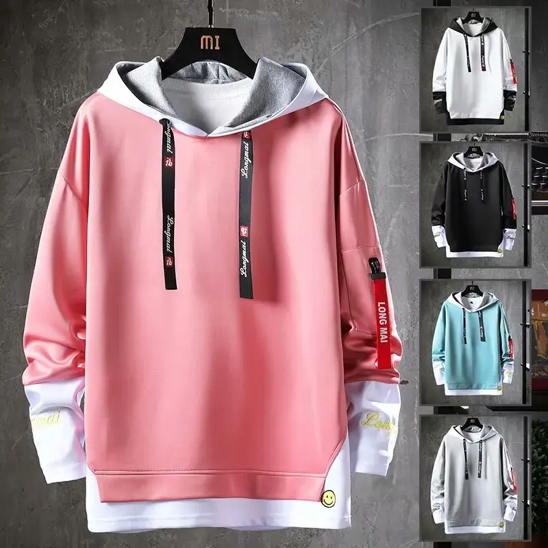 Trendy Two-Piece Illusion Sweatshirt Hooded Jacket For Men Korean Style Spring Autumn New Arrival Youthful Fashion Student Top