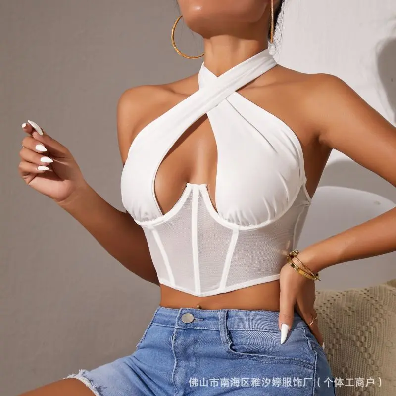 Sexy Fishbone Steel Ring Outerwear Backless Crossbody Strap Vest Mesh Wrap Chest Brand None Polyester Fiber Chinese Origin