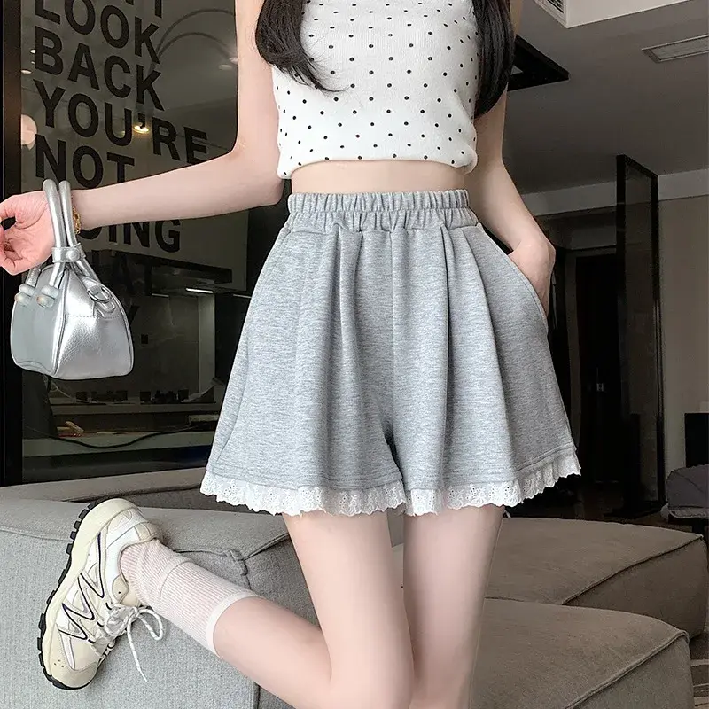 Casual Lace Trim Patchwork Wide Leg Short Pants Women's Elastic Waist Loose Slimming Summer New Style Fashion Design Shorts