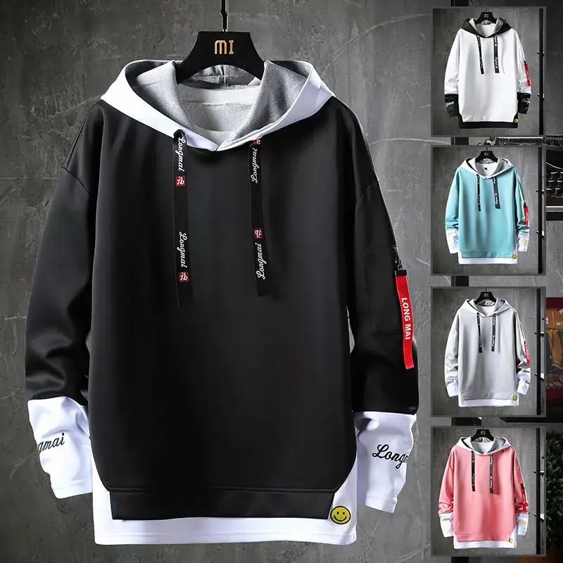 Trendy Two-Piece Illusion Sweatshirt Hooded Jacket For Men Korean Style Spring Autumn New Arrival Youthful Fashion Student Top