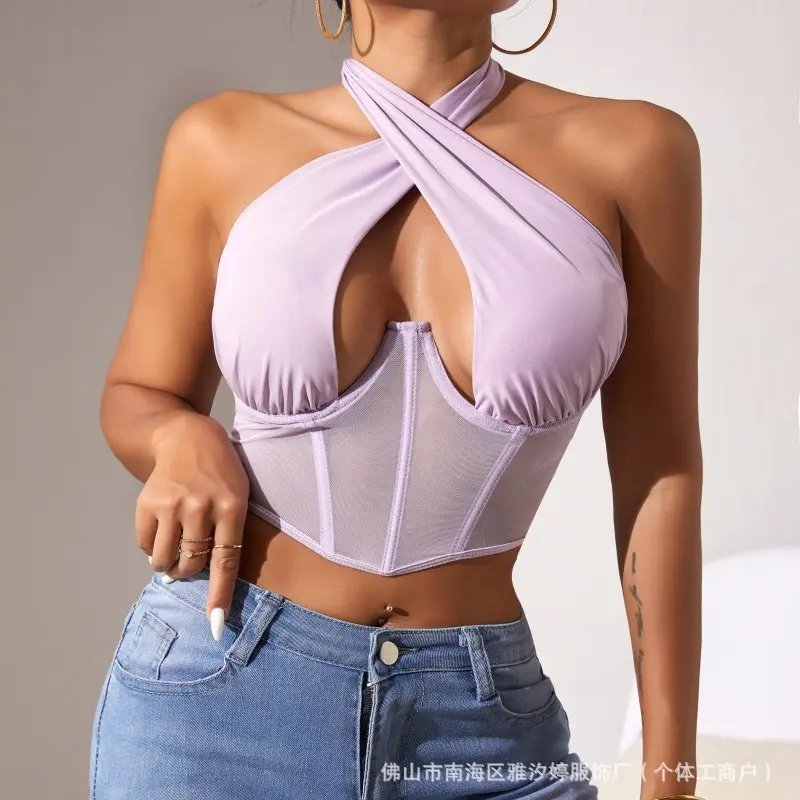 Sexy Fishbone Steel Ring Outerwear Backless Crossbody Strap Vest Mesh Wrap Chest Brand None Polyester Fiber Chinese Origin