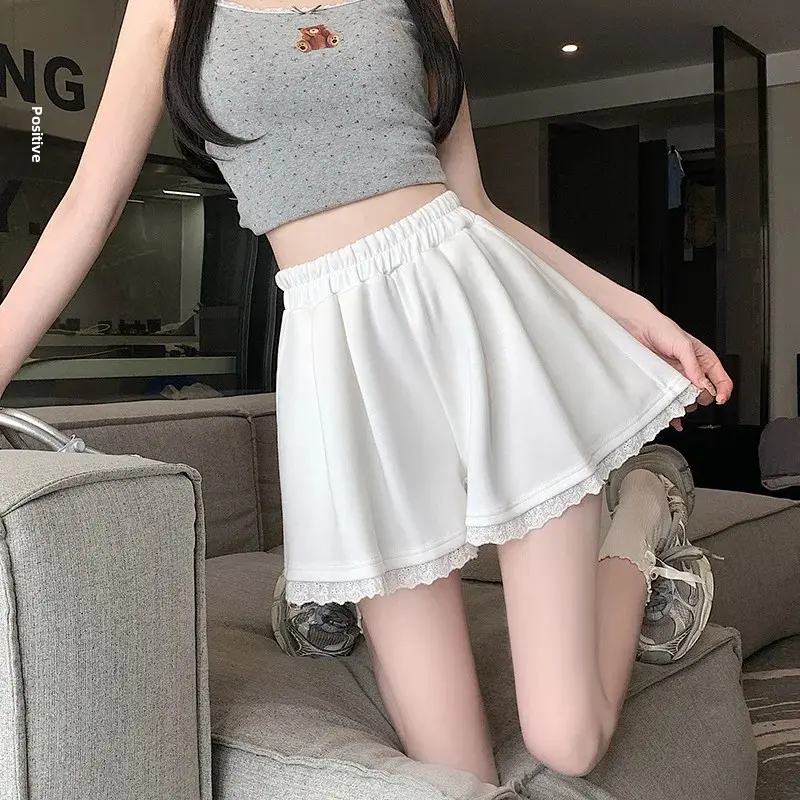Casual Lace Trim Patchwork Wide Leg Short Pants Women's Elastic Waist Loose Slimming Summer New Style Fashion Design Shorts