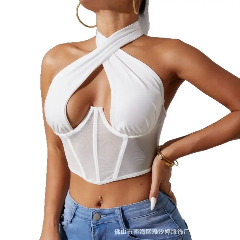 Sexy Fishbone Steel Ring Outerwear Backless Crossbody Strap Vest Mesh Wrap Chest Brand None Polyester Fiber Chinese Origin