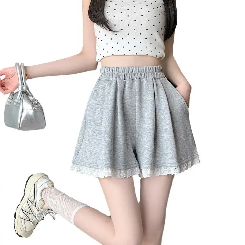 Casual Lace Trim Patchwork Wide Leg Short Pants Women's Elastic Waist Loose Slimming Summer New Style Fashion Design Shorts