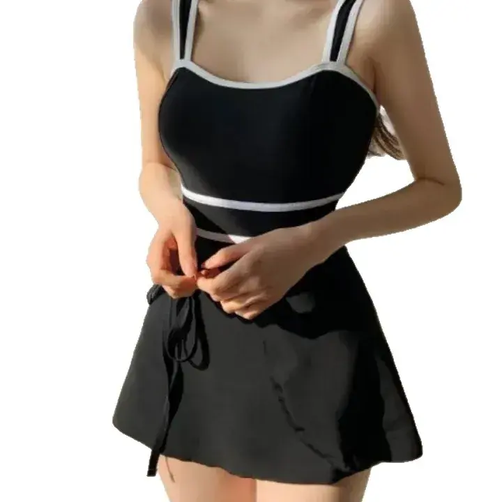 Women's Black Bikini Set Two-Piece Suit Conservative Belly Covering One-Piece Strap Design Thermal Spring Suitable Swimwear