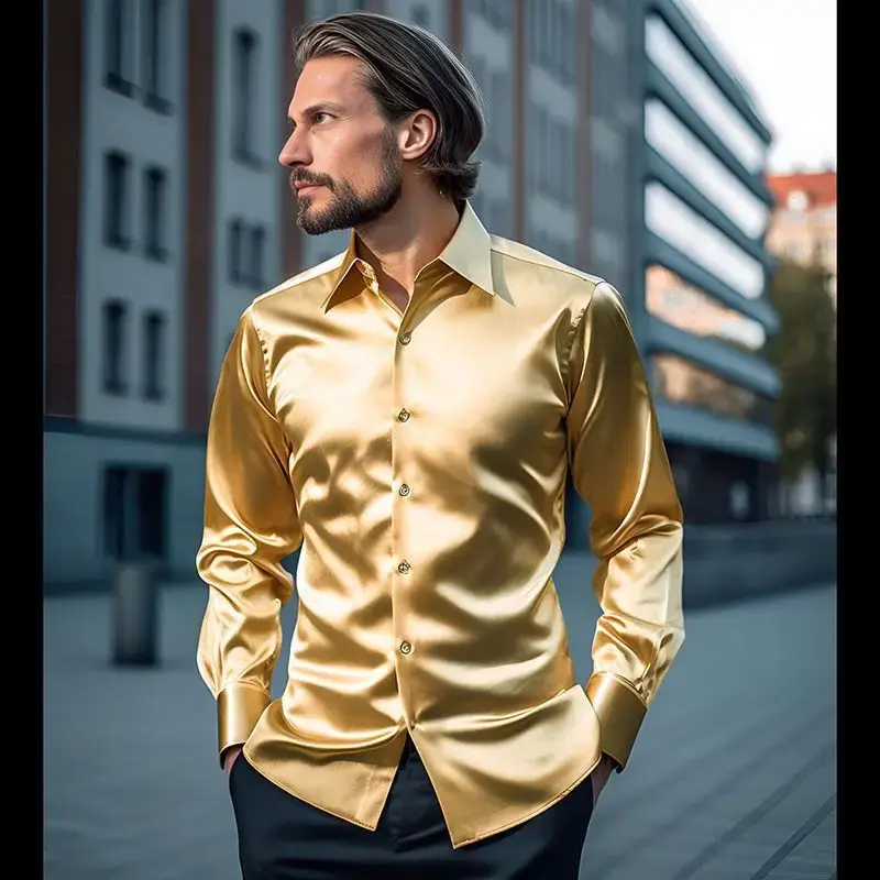 2024 Cross-Border Spring And Autumn Men's Wear Amazon Men's Satin Nightclub Style Solid Color Bright Face Trendy Long Sleeve Shi