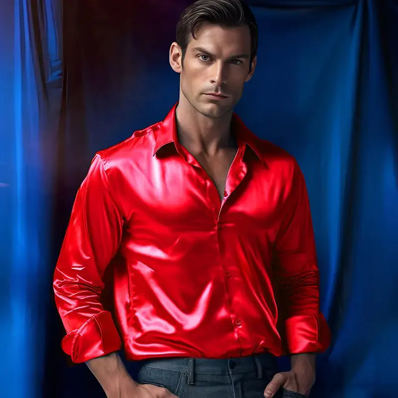 2024 Cross-Border Spring And Autumn Men's Wear Amazon Men's Satin Nightclub Style Solid Color Bright Face Trendy Long Sleeve Shi