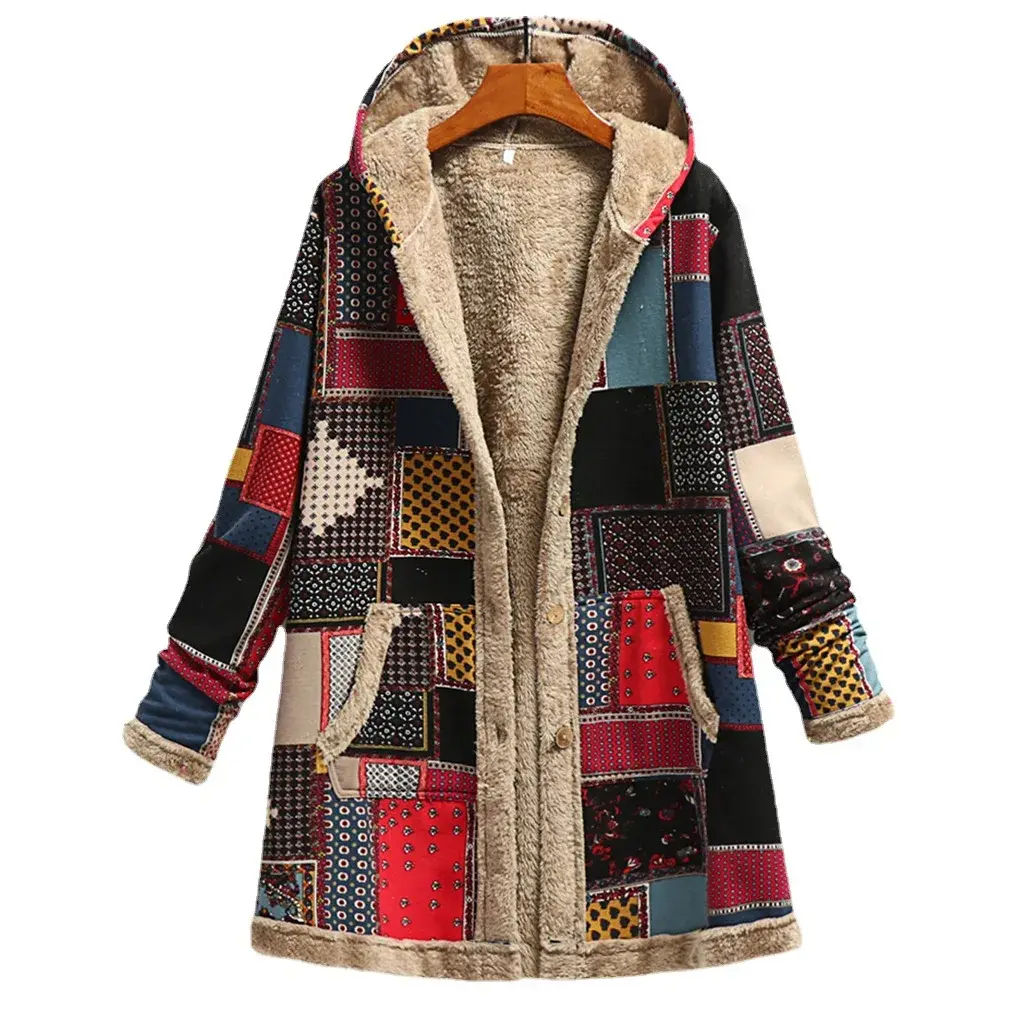 Winter Warmth Cotton Linen Hooded Sweatshirt Fleece Outerwear Women's Fashion Print Thickened Winter Coat from Mainland China