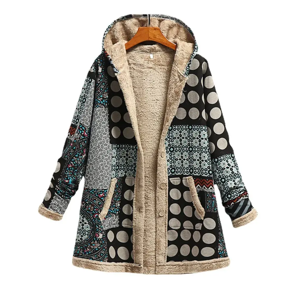 Winter Warmth Cotton Linen Hooded Sweatshirt Fleece Outerwear Women's Fashion Print Thickened Winter Coat from Mainland China