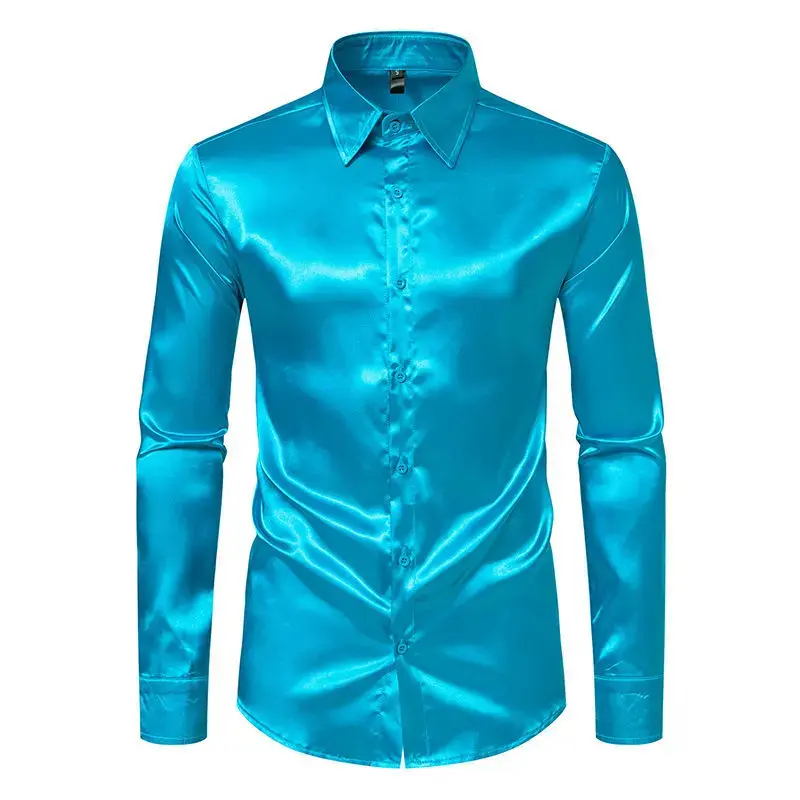 2024 Cross-Border Spring And Autumn Men's Wear Amazon Men's Satin Nightclub Style Solid Color Bright Face Trendy Long Sleeve Shi