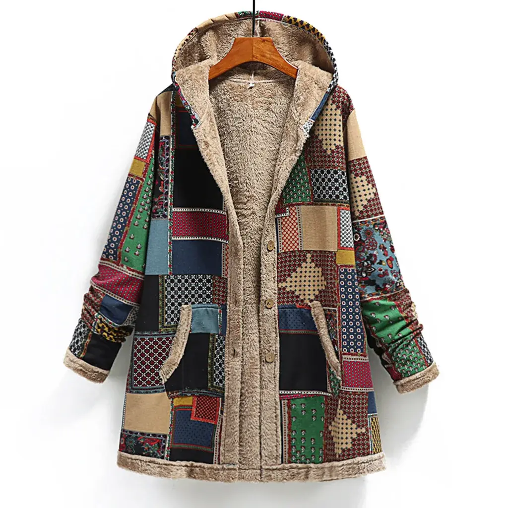 Winter Warmth Cotton Linen Hooded Sweatshirt Fleece Outerwear Women's Fashion Print Thickened Winter Coat from Mainland China