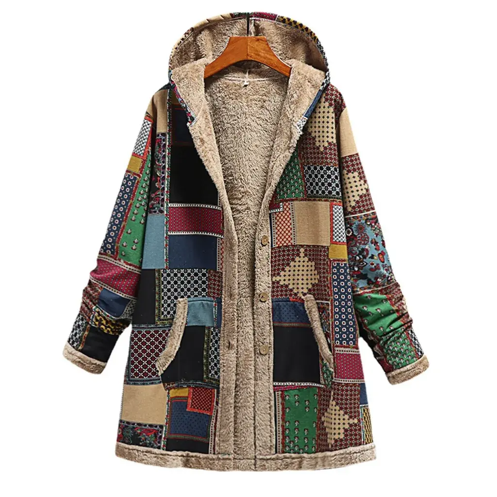 Winter Warmth Cotton Linen Hooded Sweatshirt Fleece Outerwear Women's Fashion Print Thickened Winter Coat from Mainland China