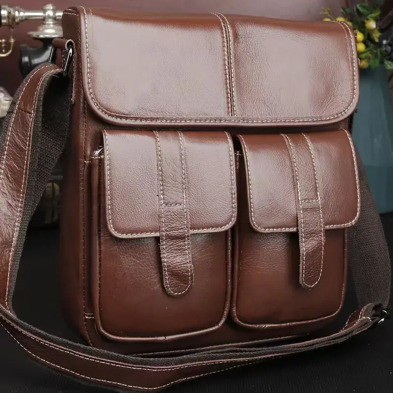 Vintage Style Men's Crossbody Bag Casual Sport Handbag Top Layer Cow Leather Business Bag Motorcycle Equipment Accessories