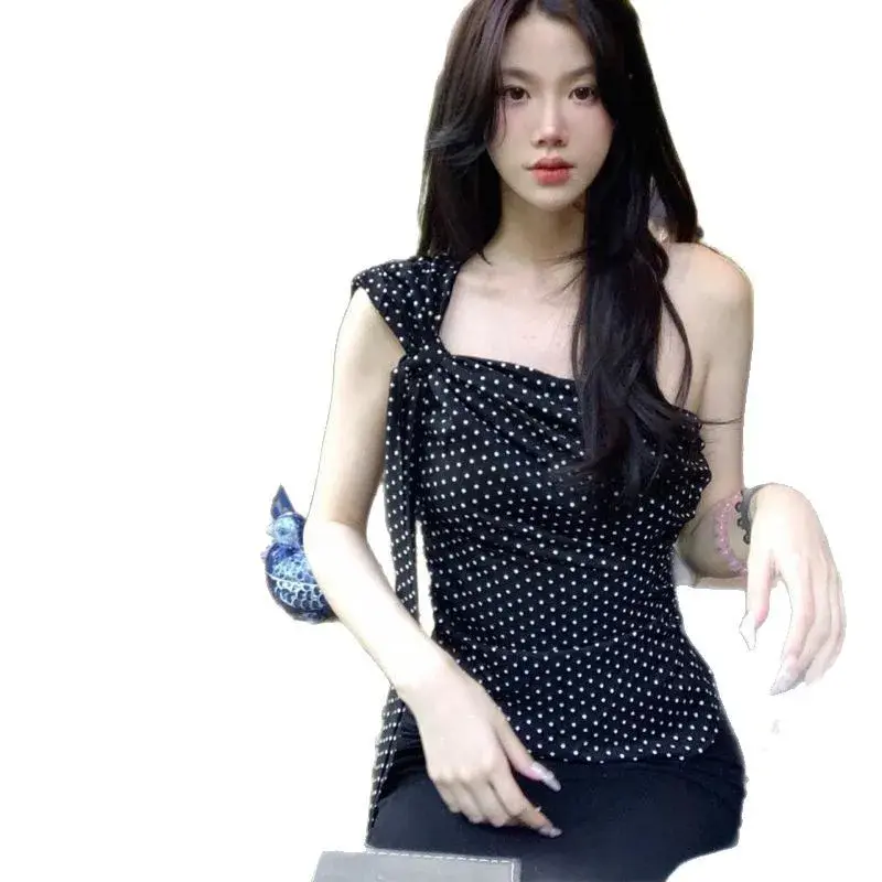 Summer New Retro Slim Polka Dot Chiffon Top Sexy Spicy Shoulder Baring Strap for Trendy Girls Full Sleeve Crew Neck T-shirt