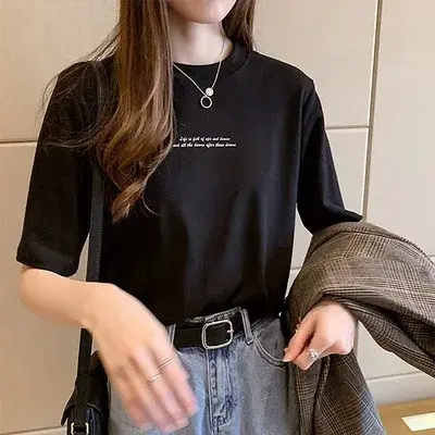 Women's Short Sleeve T-Shirt 2025 Spring New Style Korean Loose Fit Printing Round Neck Base Layer Top Trendy