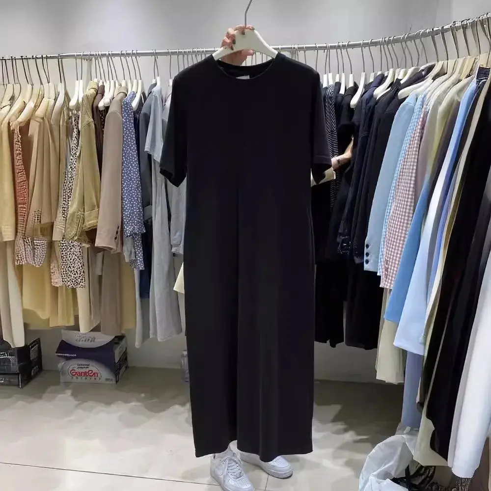 Women's Medium-Length Idle Style T-Shirt Dress Short Sleeves Casual Side Slit Dress Plus Size Korean Version Loose Fit Solid Col