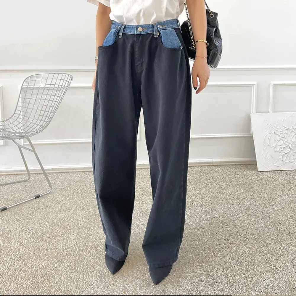 High Waist Wide Leg Straight Cut Jeans Autumn New Design Women's Fashionable Color Block Waist Head Long Pants