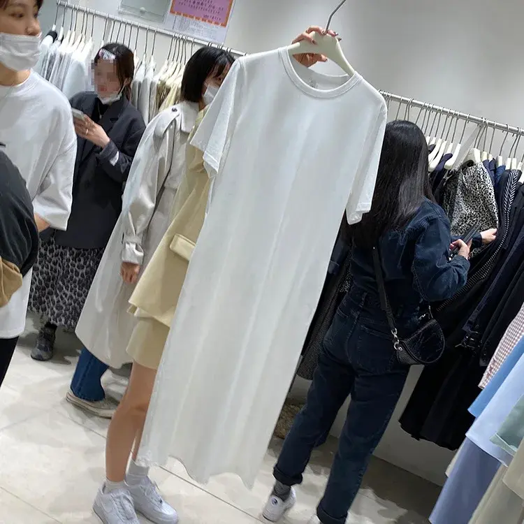 Women's Medium-Length Idle Style T-Shirt Dress Short Sleeves Casual Side Slit Dress Plus Size Korean Version Loose Fit Solid Col