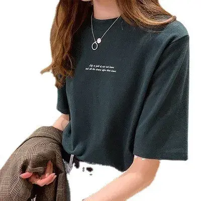 Women's Short Sleeve T-Shirt 2025 Spring New Style Korean Loose Fit Printing Round Neck Base Layer Top Trendy