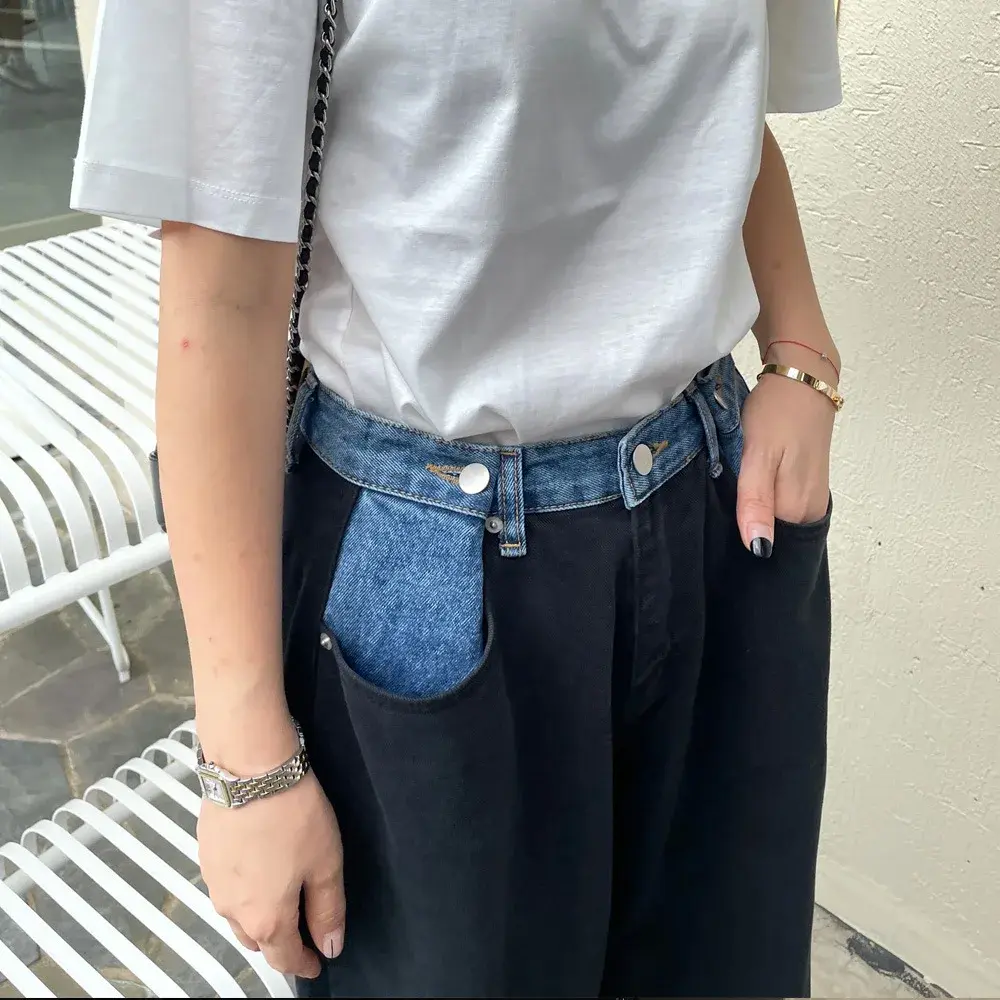 High Waist Wide Leg Straight Cut Jeans Autumn New Design Women's Fashionable Color Block Waist Head Long Pants