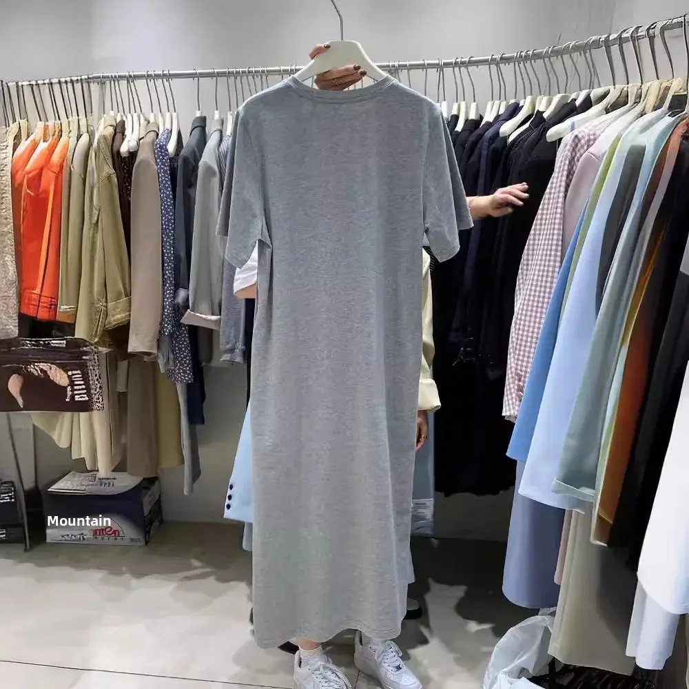 Women's Medium-Length Idle Style T-Shirt Dress Short Sleeves Casual Side Slit Dress Plus Size Korean Version Loose Fit Solid Col